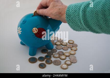 Main de femme mettant £1 pièces dans la banque Piggy Bank en forme de cochon bleu de petit-enfant avec une sélection de pièces en livres sterling Banque D'Images