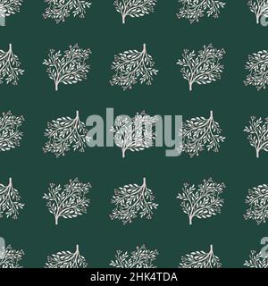 Motif décoratif sans couture dessiné à la main avec silhouettes d'arbres forestiers.Arrière-plan vert foncé.Imprimé vintage.Illustration du stock.Conception vectorielle pour texti Illustration de Vecteur