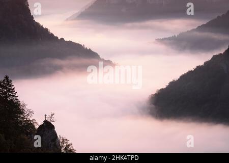 Vue du rocher d'Eichfelsen dans la gorge du Danube au lever du soleil, Parc naturel du Haut Danube, Alpes souabes, Bade-Wurtemberg, Allemagne, Europe Banque D'Images