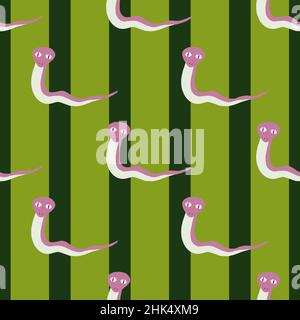 Lilas drôle serpents silgouettes sans couture motif de caniche dans le style dessiné à la main.Arrière-plan rayé vert.Illustration du stock.Motif vectoriel pour textile, f Illustration de Vecteur