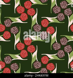Motif décoratif sans couture avec fleurs roses pourpres et roses.Arrière-plan vert foncé.Illustration du stock.Conception vectorielle pour le textile, le tissu, Illustration de Vecteur