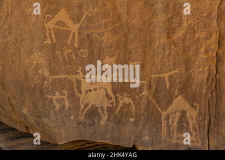 Sculptures de roche, pétroglyphes et inscriptions de Bir Hima Rock, site du patrimoine mondial de l'UNESCO, Najran, Royaume d'Arabie Saoudite, Moyen-Orient Banque D'Images