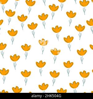 Motif isolé sans couture avec petites fleurs orange aléatoires silhouettes ornement.Arrière-plan blanc.Style Doodle.Illustration vectorielle pour le tex saisonnier Illustration de Vecteur