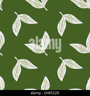 Blanc simple feuilles ornement motif sans couture dans le style dessiné à la main.Arrière-plan vert.Toile de fond nature.Illustration vectorielle pour tirages textiles de saison, Illustration de Vecteur