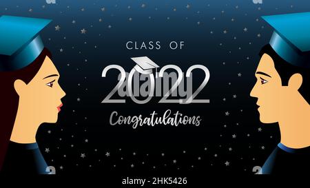2022 classe de diplômés, étudiants avec un plafond universitaire carré.Image vectorielle de la remise des diplômes 2022 sur fond bleu foncé pour la cérémonie de félicitations Illustration de Vecteur