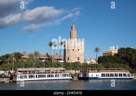 Bateaux touristiques en face de la Torre del Oro (Tour d'Or) à Séville, Andalousie, Espagne, Europe Banque D'Images