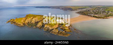 Vue aérienne de l'île de Burgh et hôtel dans les hams du Sud de Devon, Angleterre, Royaume-Uni, Europe Banque D'Images