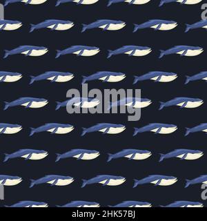 Motif baleine bleue sans couture sur fond noir.Modèle personnage de dessin animé de l'océan pour le tissu.Texture géométrique répétée avec cétace marin Illustration de Vecteur