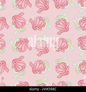 Motif vintage sans couture avec formes roses de fleurs magnolia.Fond rose pastel.Illustration vectorielle pour les imprimés textiles de saison, tissu, b Illustration de Vecteur