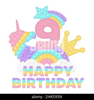 Happy 9th Birthday Nine Years Pop IT topper or sublimation print pour t-shirt en style un jouet en silicone tendance pour les mégots.Numéro rose, unicorn, cr Illustration de Vecteur