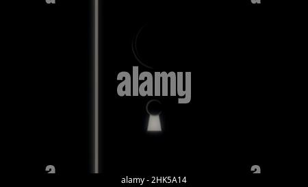 Animation abstraite de la porte mystérieuse et de la clé dans le trou de serrure fermant la porte dans la pièce sombre.Concept d'accès Banque D'Images