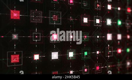 Écran numérique abstrait avec de nombreux boutons, tableau de bord complexe d'un ordinateur.Boutons carrés se déplaçant sur fond noir, boucle sans couture. Banque D'Images