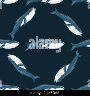 Motif baleine bleue sans couture sur fond noir.Modèle personnage de dessin animé de l'océan pour le tissu.Texture géométrique diagonale répétée avec cetac marin Illustration de Vecteur