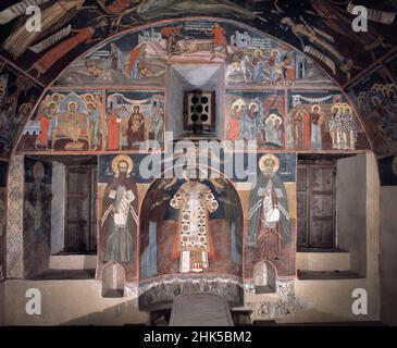 L'abside dans la salle à manger, ou Trapezaria dans le monastère de Bachkovo, peintures murales de philosophes grecs anciens, Balkans, Bulgarie Banque D'Images