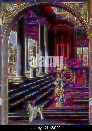 Inspiré par la perspective avec une femme qui lit une lettre, Samuel van Hoogstraten, c. 1670, repensé par Artotop. L'art classique réinventé avec une touche moderne. Conception de lumière chaleureuse et gaie, de luminosité et de rayonnement de lumière. La photographie s'inspire du surréalisme et du futurisme, embrassant l'énergie dynamique de la technologie moderne, du mouvement, de la vitesse et révolutionne la culture Banque D'Images