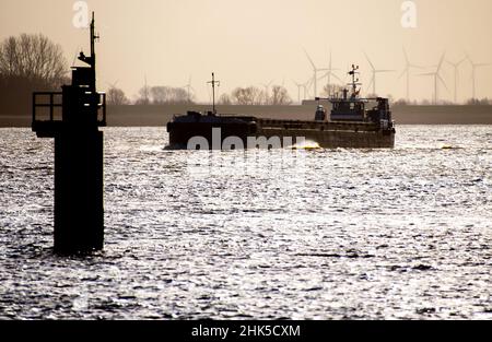 Stadland, Allemagne.02nd févr. 2022.Par temps ensoleillé, un cargo est en cours sur la rivière Weser, près du village de Kleinensiel.Credit: Hauke-Christian Dittrich/dpa/Alay Live News Banque D'Images