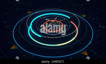 Animation abstraite 3d au néon brillant d'un graphique circulaire avec des chiffres ressemblant à une boussole moderne qui tourne sur fond sombre.L'avenir et l'innovation con Banque D'Images