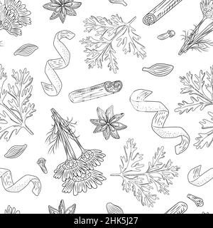 Thé d'automne sans couture sur fond blanc.Belle texture à base de plantes pour le thé de conception d'emballage.Style de gravure de templates répété.illustrati de vecteur Illustration de Vecteur