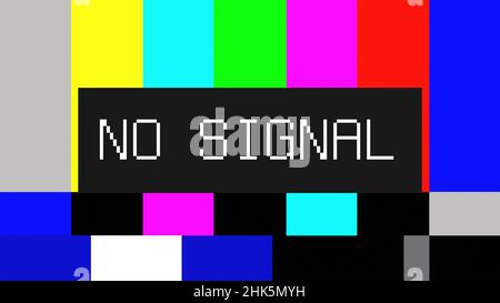 Transmission miteuse, barres de couleurs SMPTE bruyantes déformées (un motif de test d'écran de télévision) avec le texte aucun signal, style guru de méditation. Banque D'Images