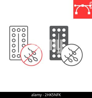 Ligne de contraception et icône de glyphe, contraceptif et sperme, icône de vecteur de pilules de contraception, graphiques de vecteur, signe de contour modifiable de trait, eps 10. Illustration de Vecteur