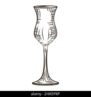 Verre vide pisco gravé style isolé sur fond blanc.Gros plan vintage avec esquisse noire.Illustration vectorielle Illustration de Vecteur