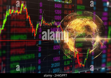 Résumé des particules de la planète Terre sur le graphique du marché boursier, gros plan des données du marché boursier sur l'affichage LED, le business et le concept de trading de technologie Banque D'Images