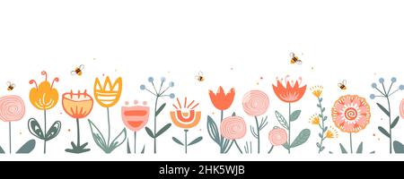 Bordure de fleurs de fées, motif vectoriel sans couture.Répétition Liberty Doodle fleur prairie arrière-plan.Le style populaire scandinave.Pour tissu, cartes Illustration de Vecteur