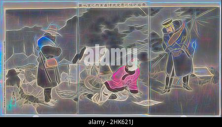 Inspiré par la révélation de plans militaires de prisonniers après avoir été déplacé par la bonté du major Saitō, Taguchi Beisaku, japonais, 1864–1903, Watanabe Yatarō, Japonais, 1850–1913, période Meiji, 1868–1912, Mizuno Asajirō, Japonais, actif fin du 19th siècle, 1894, Triptych de couleurs gravures de blocs de bois, fait à Tokyo, repensé par Artotop. L'art classique réinventé avec une touche moderne. Conception de lumière chaleureuse et gaie, de luminosité et de rayonnement de lumière. La photographie s'inspire du surréalisme et du futurisme, embrassant l'énergie dynamique de la technologie moderne, du mouvement, de la vitesse et révolutionne la culture Banque D'Images