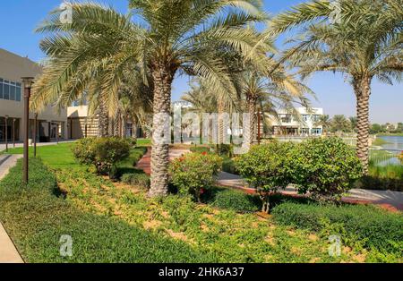 Dubai-eau - 25 septembre 2020 : vue sur la promenade de développement des îles Jumeirah avec des gratte-ciels JLT comme arrière-plan et lac artificiel avec un Banque D'Images