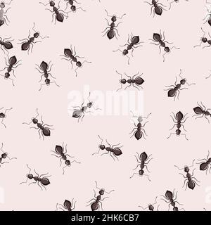 Fourmis de colonies sans couture sur fond rose.Modèle d'insectes vectoriels de style plat pour n'importe quel usage.Texture moderne des animaux pour le tissu, emballage pa Illustration de Vecteur