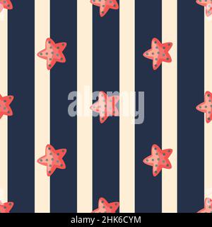 Motif étoile de mer sans couture sur fond bleu beige rayé.Modèles d'étoiles de mer pour tissus.Illustration vectorielle de conception.Pour tissu de saison pri Illustration de Vecteur