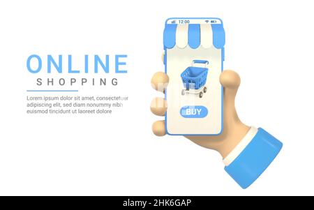 Acheter dans mobilephone, concept d'achat en ligne.Main de personnage avec smartphone.3d mobilephone avec panier bleu.Boutique en ligne.Vecteur illustrat Illustration de Vecteur