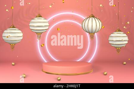 Bonne année chinoise.Les festivals chinois brillent les lanternes.Éléments traditionnels asiatiques.Scène pour le produit sur le podium des cylindres.Illustration vectorielle. Illustration de Vecteur