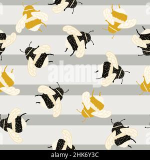 Motif abeille sans coutures à main levée.Un insecte mignon qui extrait du miel sur fond coloré.Illustration vectorielle pour les imprimés textiles, le tissu, la bannière Illustration de Vecteur