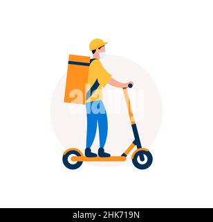 Liveur de nourriture sur un scooter électrique.Coursier avec sac de nourriture sur le scooter de coup.Graphique du service de livraison.Illustration vectorielle. Illustration de Vecteur