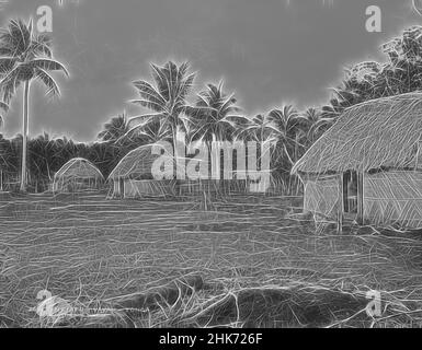 Inspiré par Neiafu, Vavau, Tonga, Burton Brothers studio, studio de photographie, Juillet 1884, Nouvelle-Zélande, photographie en noir et blanc, compensation avec cinq Fale (trois dans une ligne, une bien cachée par la Fale moyenne) tournant de droite à gauche. Une fosse est au premier plan avec un grand journal. Dans la Fale la plus proche, un cochon est réimaginé par Artotop. L'art classique réinventé avec une touche moderne. Conception de lumière chaleureuse et gaie, de luminosité et de rayonnement de lumière. La photographie s'inspire du surréalisme et du futurisme, embrassant l'énergie dynamique de la technologie moderne, du mouvement, de la vitesse et révolutionne la culture Banque D'Images