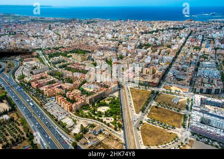 Vue aérienne, vue sur la ville et la vieille ville avec Plaça de toros de Palma, Palma, Majorque, Iles Baléares, Espagne,Vieille ville, ville, ES, Europe, taxe foncière,h Banque D'Images