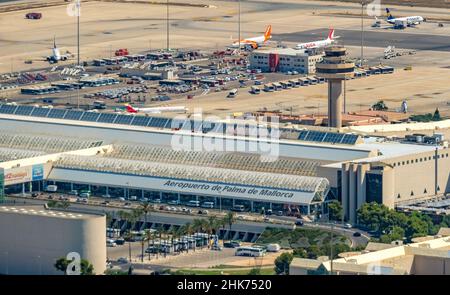 Vue aérienne, Aeropuerto de Palma de Mallorca, aéroport de Palma de Mallorca, Bâtiment de réception, Majorque, Iles Baléares, Espagne,ES, Europe, Airborne em Banque D'Images