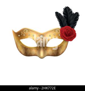 Vector 3D Realistic Carnival masque, Rose, plumes.Masque doré pour la fête, plumes noires, rose rouge.Gros plan masqué.Modèle de conception de masque Illustration de Vecteur