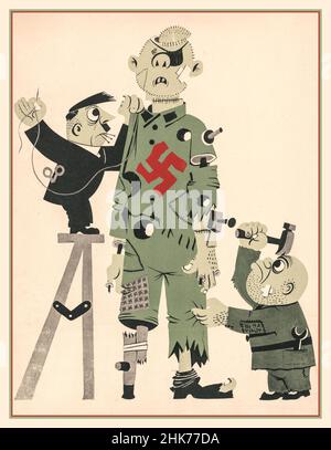 Propagande deuxième Guerre mondiale caricature de dessin animé Adolf Hitler et Mussolini faire une marionnette l'affiche montre une caricature d'Hitler et de Mussolini taquant ensemble une marionnette brisée représentant l'axe ; la marionnette a une grande croix rouge sur sa poitrine. Banque D'Images