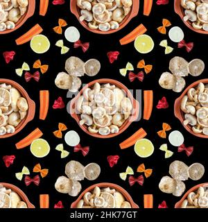 Motif sans couture avec champignons frais crus dans une casserole, pâtes et ingrédients végétaux pour cuisiner sur fond carré noir Banque D'Images