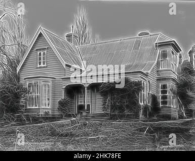 Inspiré par KNOX Church Old Manse, 1896, studio Burton Brothers, studio de photographie, Dunedin, Photographie en noir et blanc, revisitée par Artotop. L'art classique réinventé avec une touche moderne. Conception de lumière chaleureuse et gaie, de luminosité et de rayonnement de lumière. La photographie s'inspire du surréalisme et du futurisme, embrassant l'énergie dynamique de la technologie moderne, du mouvement, de la vitesse et révolutionne la culture Banque D'Images