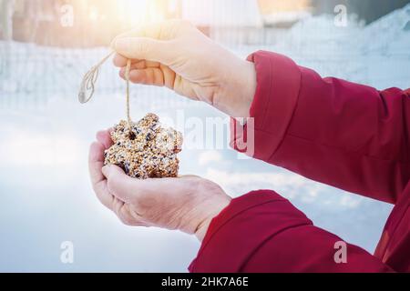 le chargeur fait de grains et de graisse est fait avec vos propres mains.Les mains des femmes tiennent un mangeoire à oiseaux.Protection et soutien des oiseaux dans le froid d'hiver.Haut Banque D'Images