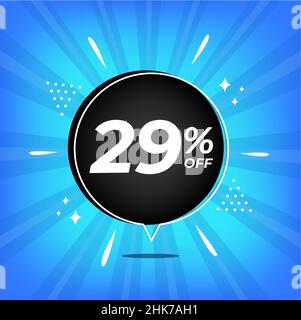 29 % de réduction.Bannière bleue avec vingt-neuf pour cent de réduction sur un ballon noir pour les grandes ventes méga. Illustration de Vecteur