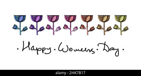 Carte postale pour la fête des femmes avec des fleurs colorées et des lettres de félicitations.Illustration vectorielle. Illustration de Vecteur
