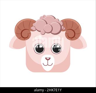 Bélier rose avec cornes torsadées, visages carrés d'animaux, masque, icône, logo.Illustration vectorielle de style dessin animé Illustration de Vecteur