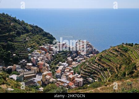 L'un des 5 villages des Cinque Terre sur la Riviera italienne, Manarola, Ligurie, Italie Banque D'Images