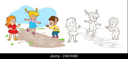 Livre de coloriage deux filles et un garçon sautent à jouer le hopscotch.Illustration vectorielle de style dessin animé, lignes noires et blanches Illustration de Vecteur