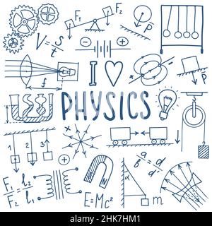 Jeu d'icônes de symboles Phisics.Motif science-doodle.Concept d'éducation et d'étude.De retour à l'école un arrière-plan esquisse pour le bloc-notes, pas le bloc-notes Illustration de Vecteur