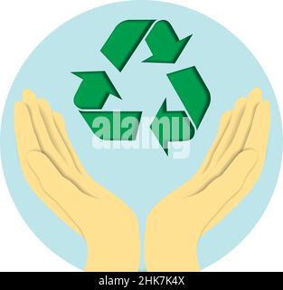 Dessin d'une main ouverte tenant le symbole des flèches de recyclage.Sensibilisation au recyclage et prise en charge de notre planète Illustration de Vecteur